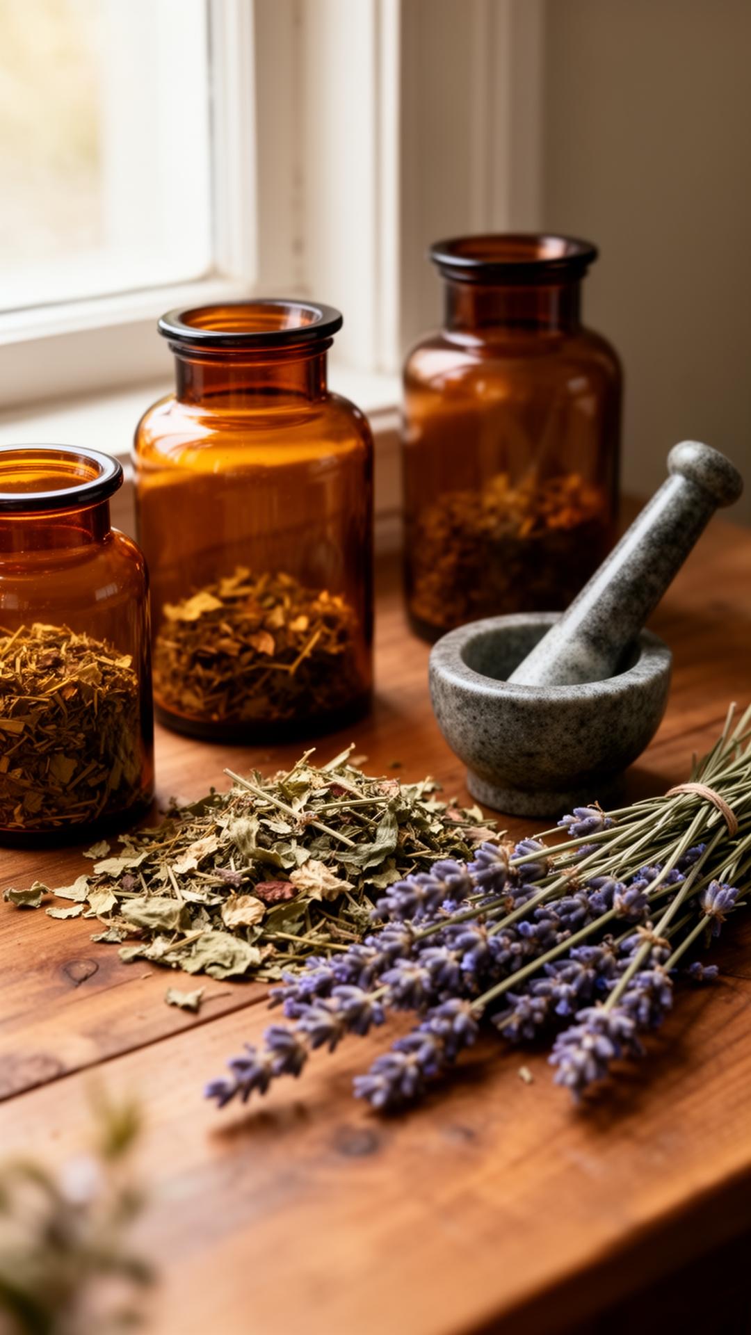 Dried herbs and amber dispensary jars on timber