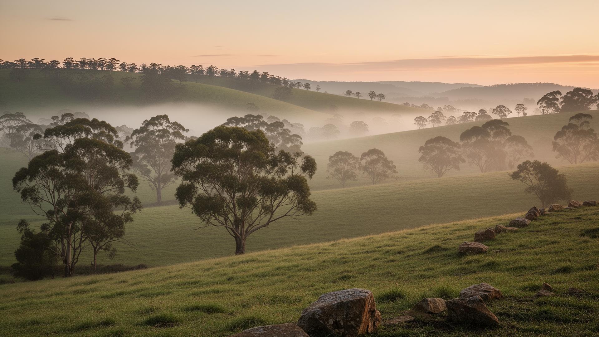 Misty Southern Highlands landscape at dawn with rolling hills and eucalyptus trees